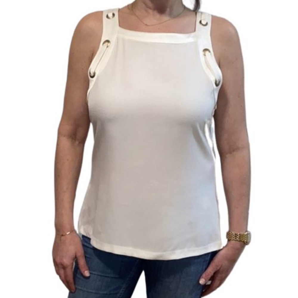 Ramy Brook white tank with grommets and ribbon